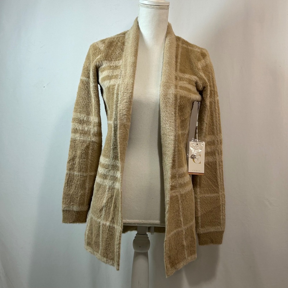 Cyrus NY luxuriously, soft Plaid Cardigan Small Open Front‎ Boden Tan Sweater